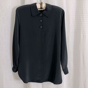Vintage M Black Collared Long Sleeve Button Front Elegant Blouse